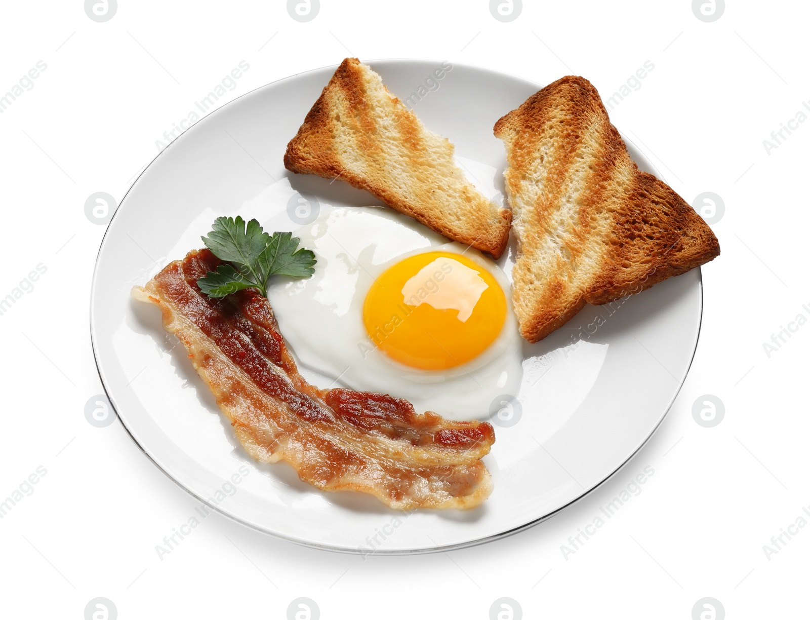 Photo of Tasty fried egg with toast and bacon in plate isolated on white