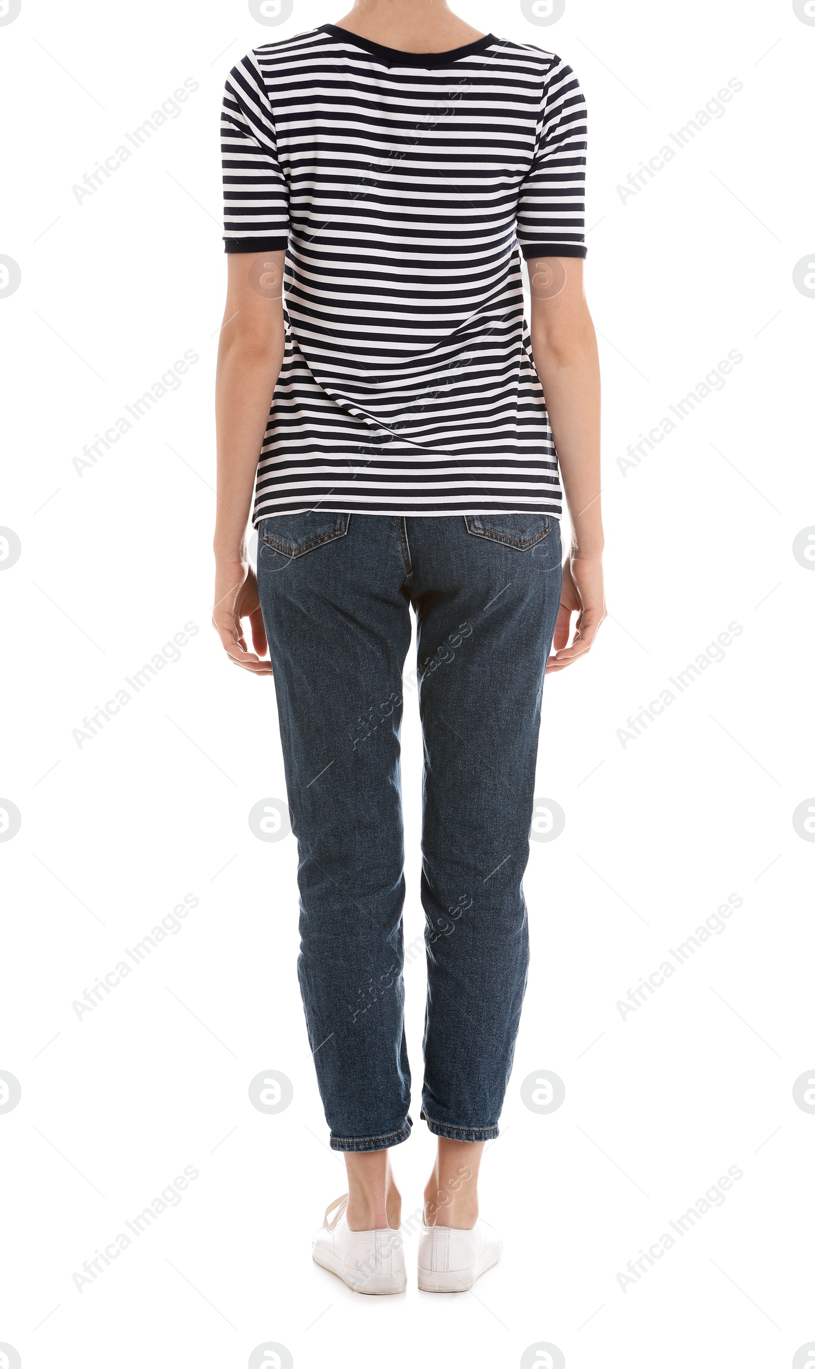 Photo of Young slim woman on white background, closeup. Weight loss