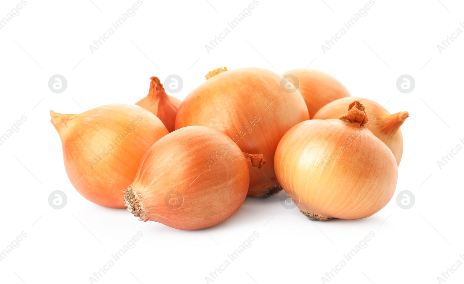 Photo of Fresh yellow onion bulbs isolated on white