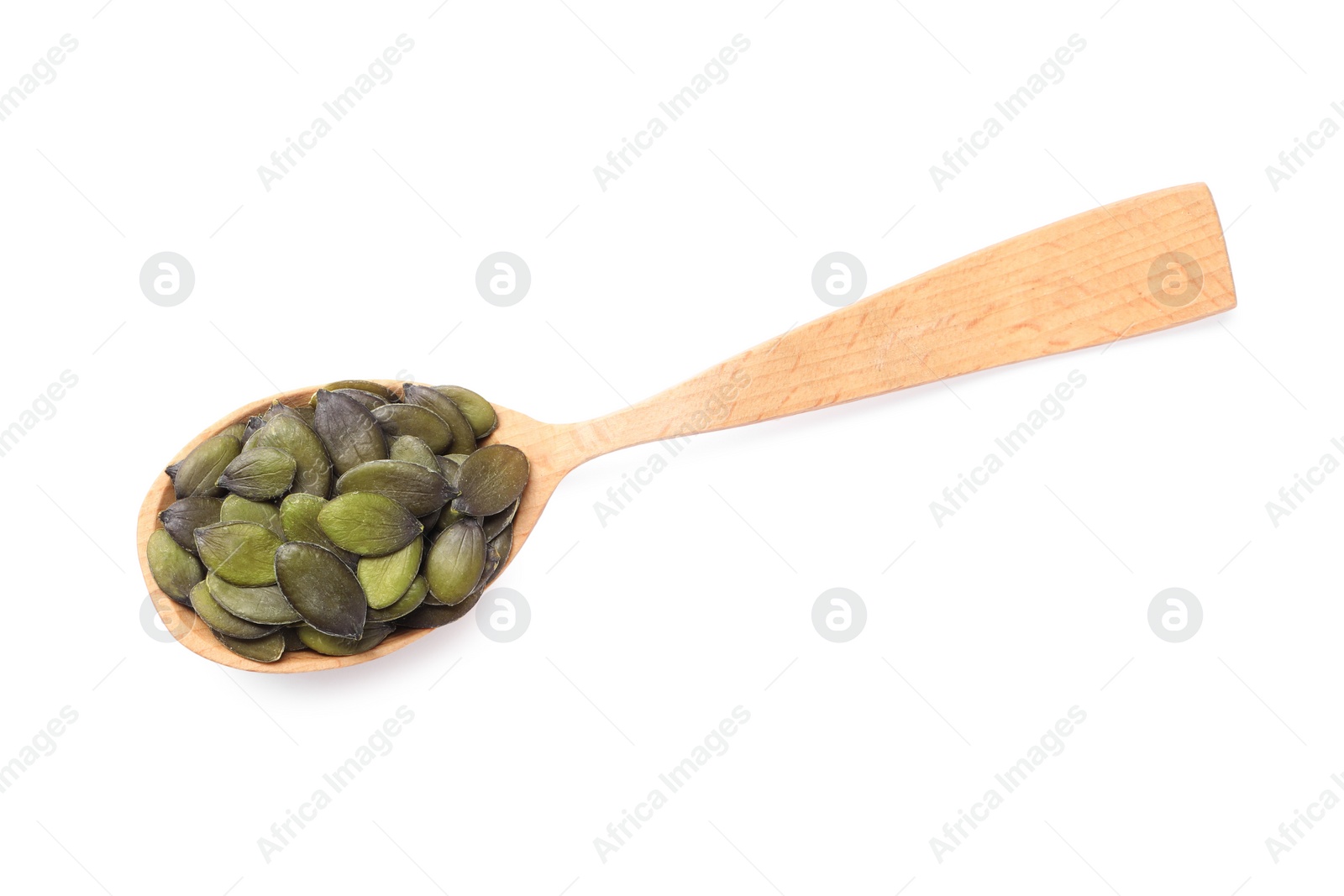 Photo of Wooden spoon with pumpkin seeds isolated on white, top view