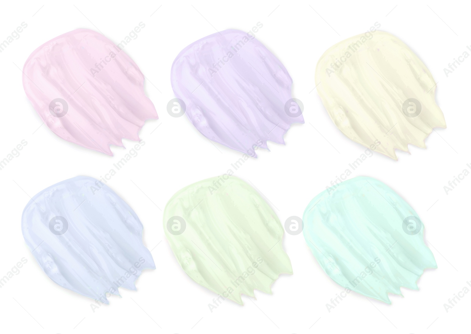 Image of Set with samples of cosmetic gels on white background, top view