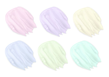 Image of Set with samples of cosmetic gels on white background, top view