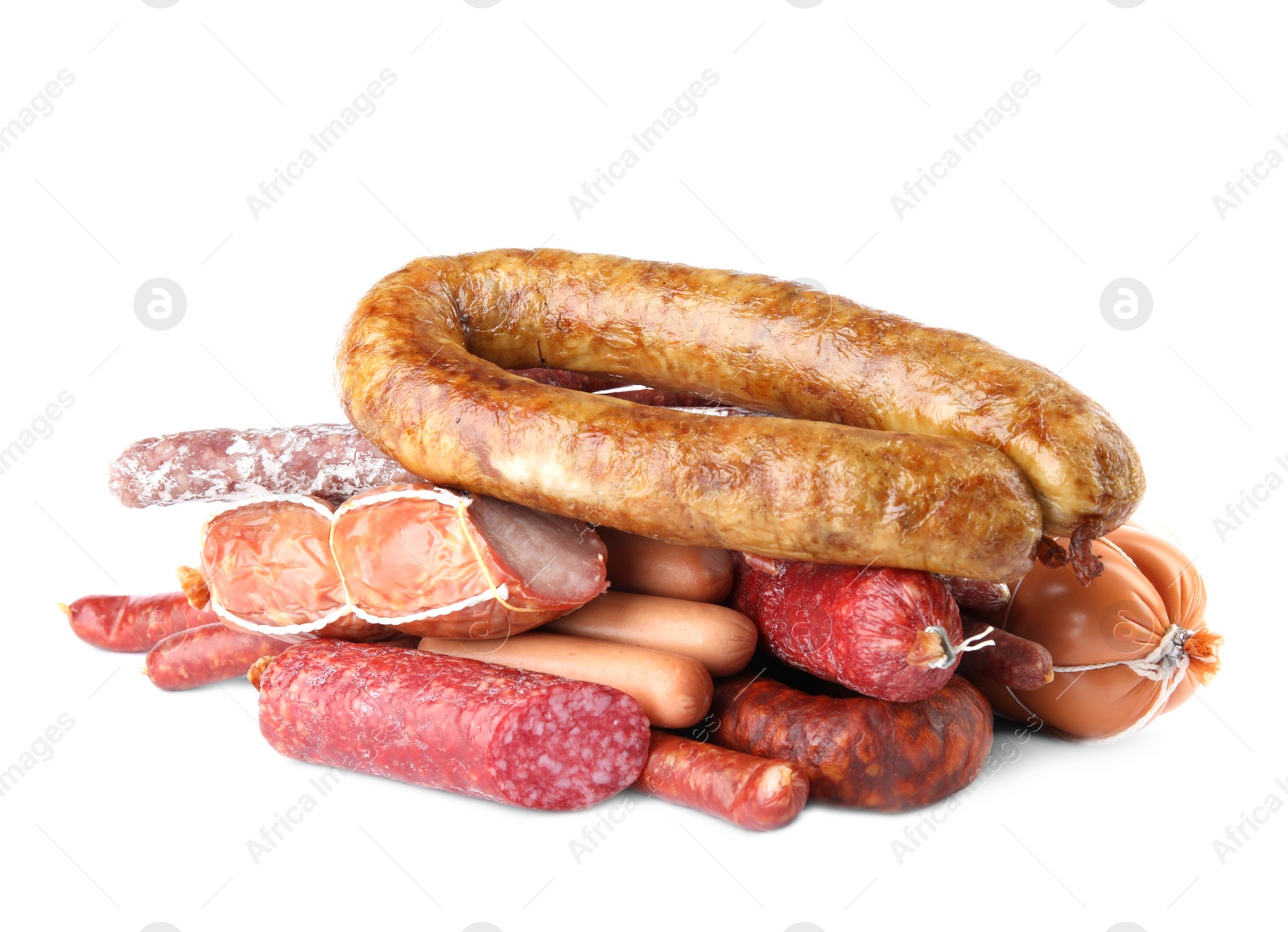 Photo of Different tasty sausages on white background. Meat product