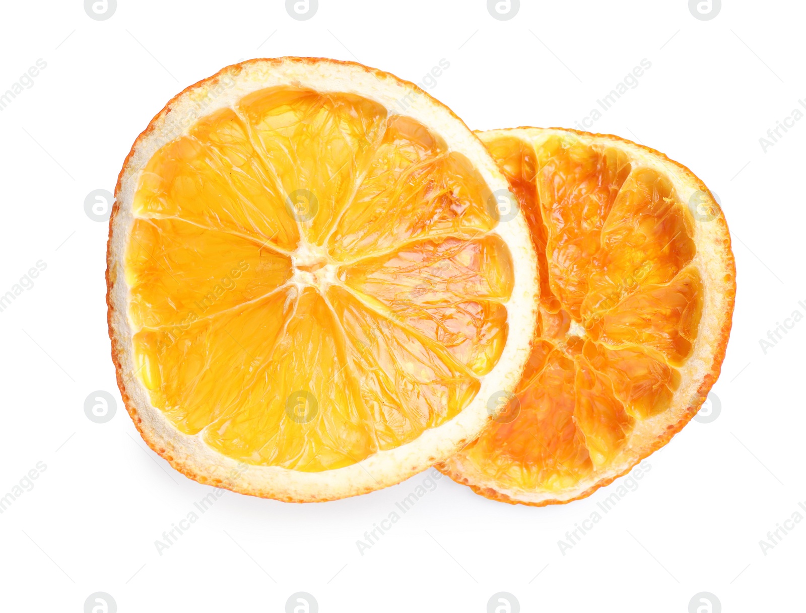 Delicious dry orange slices on white background, top view Photo of Delicious dry orange slices on white background, top view