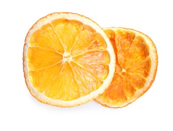 Photo of Delicious dry orange slices on white background, top view