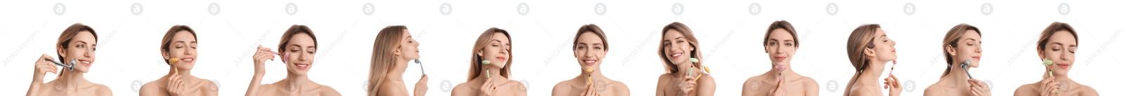 Image of Young woman using face roller on white background, collage. Banner design