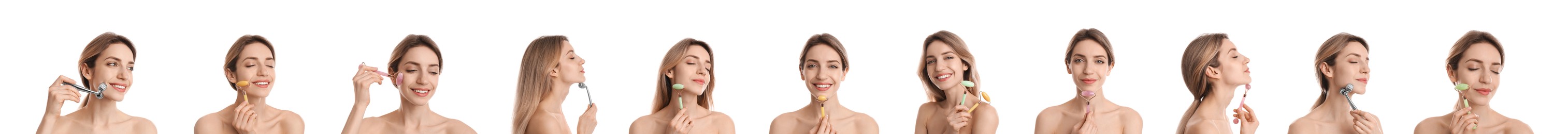 Young woman using face roller on white background, collage. Banner design