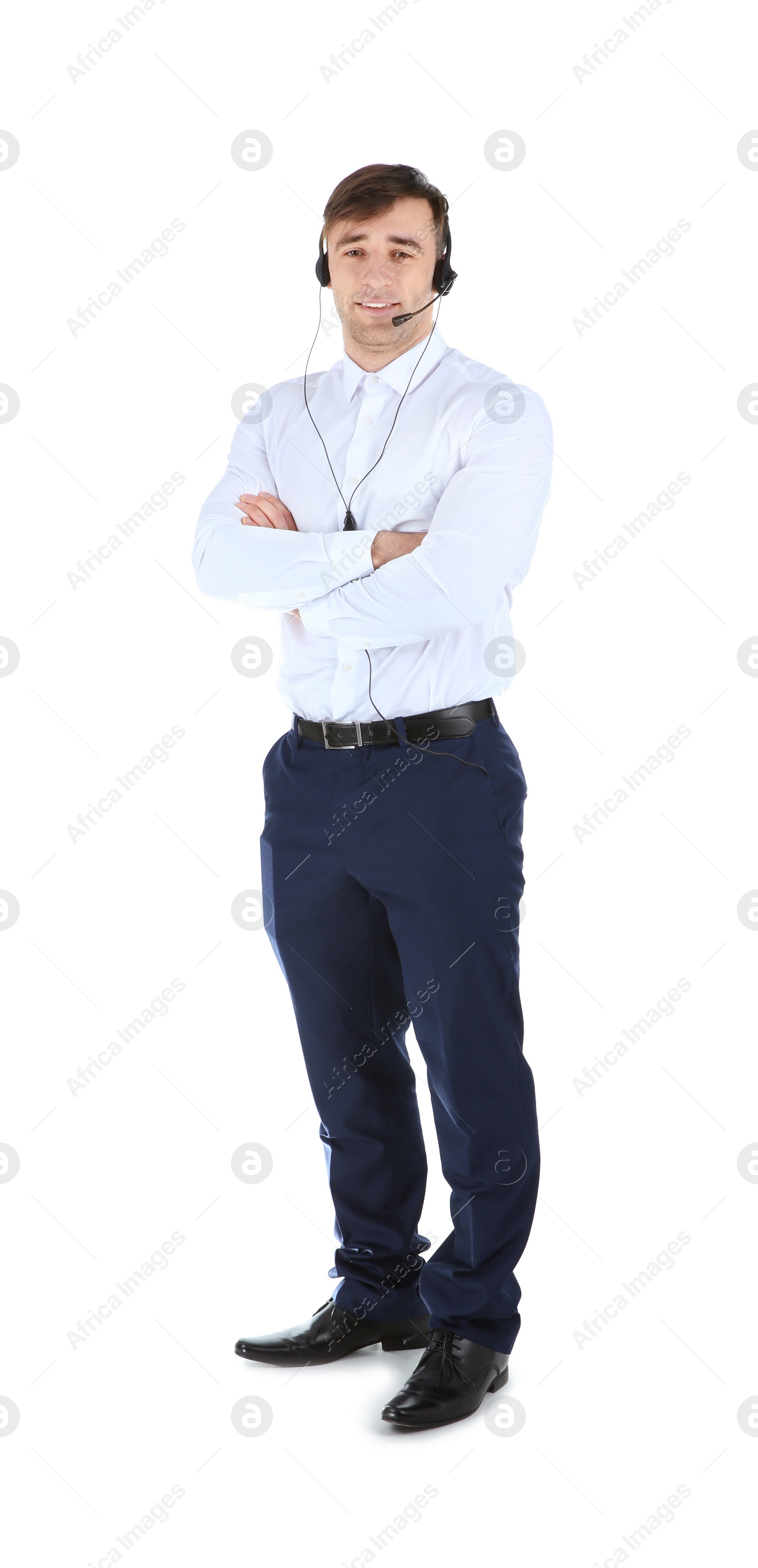 Photo of Male technical support operator with headset isolated on white