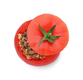 Delicious stuffed tomato with minced beef, bulgur and mushrooms isolated on white, top view