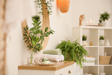 Photo of Beautiful green plants in elegant modern bathroom. Interior design