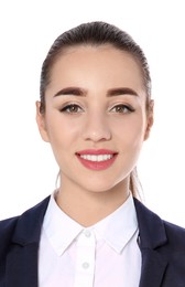 Image of Passport photo. Portrait of woman on white background