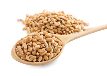 Wooden spoon with wheat grains on white background