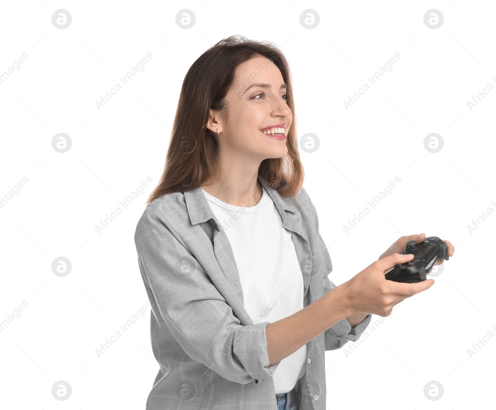 Photo of Happy woman playing video game with controller on white background