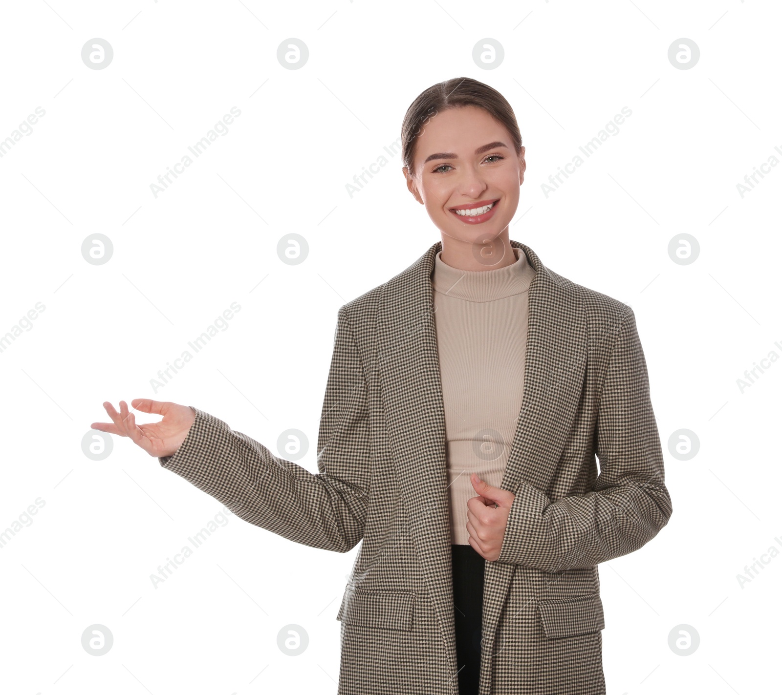 Photo of Beautiful woman on white background. Weather forecast reporter