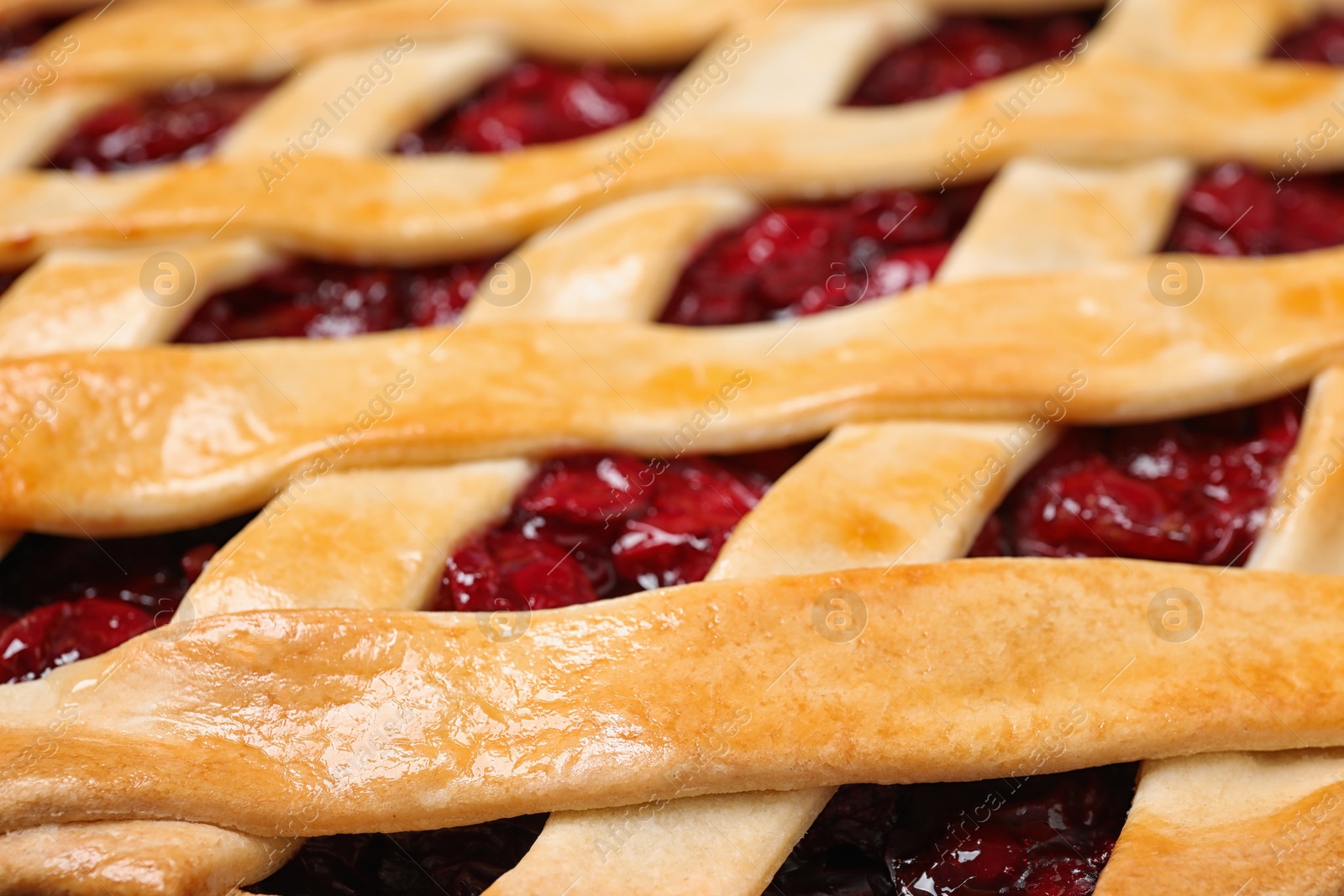 Photo of Delicious fresh cherry pie as background, closeup