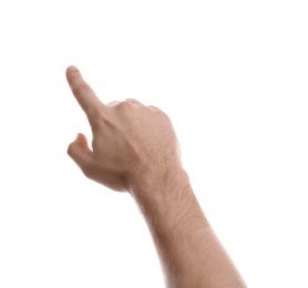 Man pointing at something on white background, closeup of hand