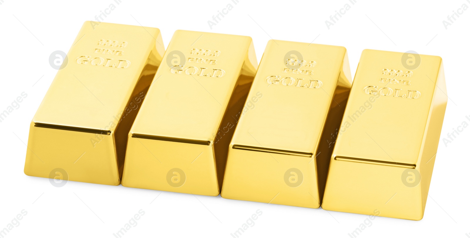 Photo of Many shiny gold bars isolated on white