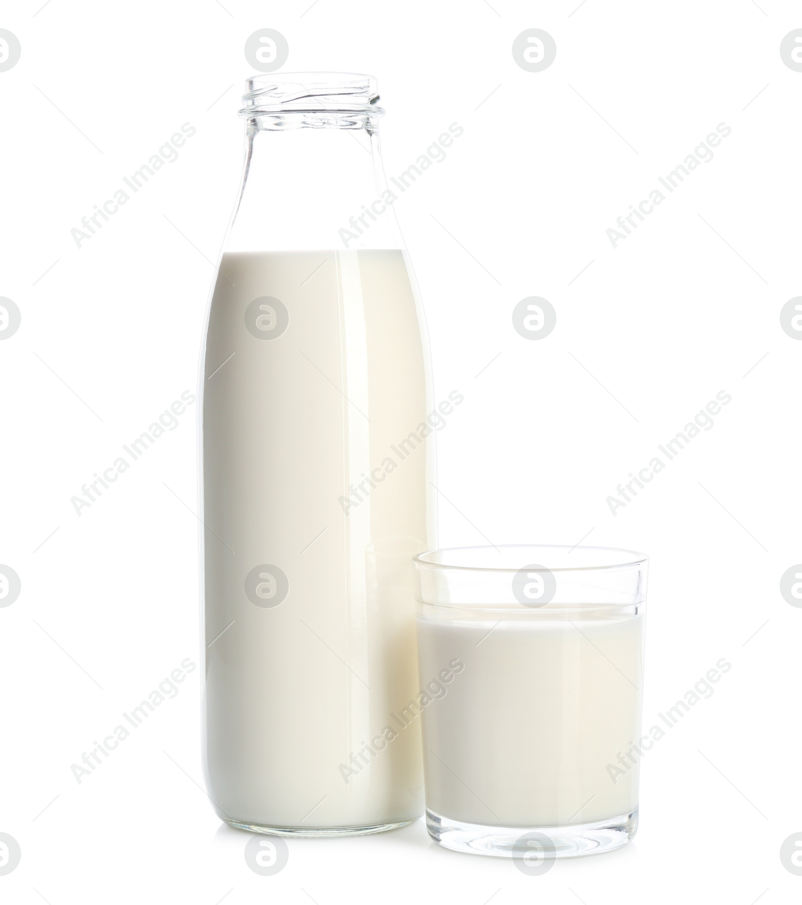 Photo of Glassware with milk on white background. Fresh dairy product