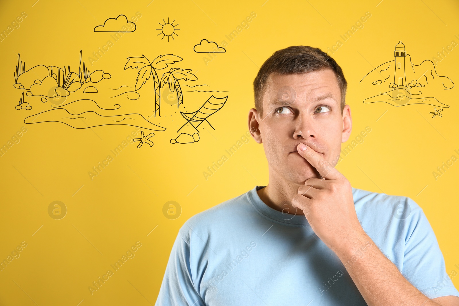 Image of Man dreaming about vacation on yellow background