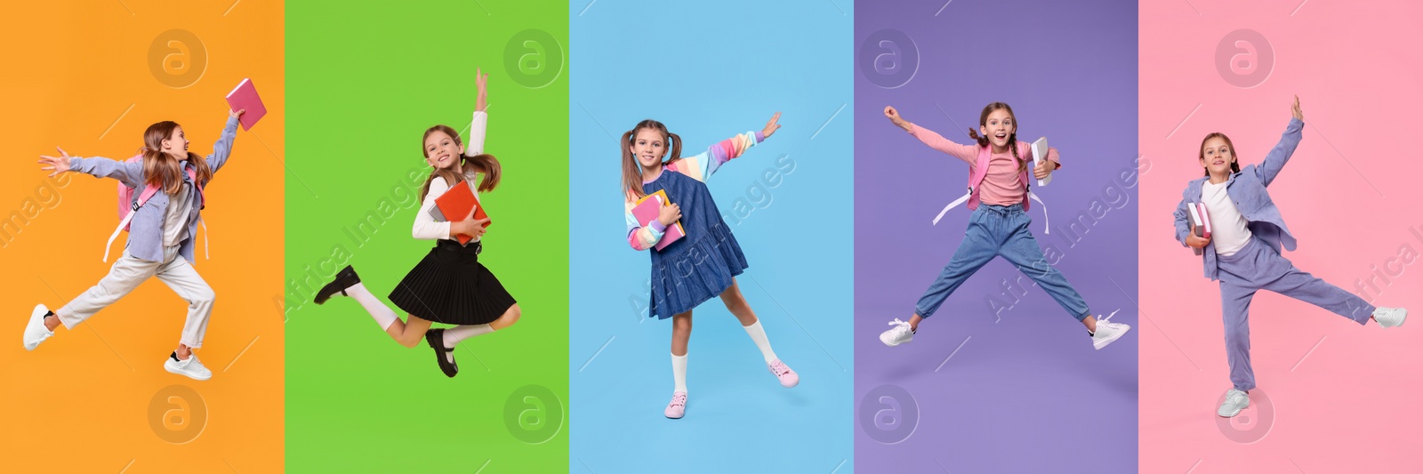 Image of Schoolgirl on color backgrounds, set of photos