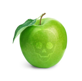 Image of Green poison apple with skull image on white background