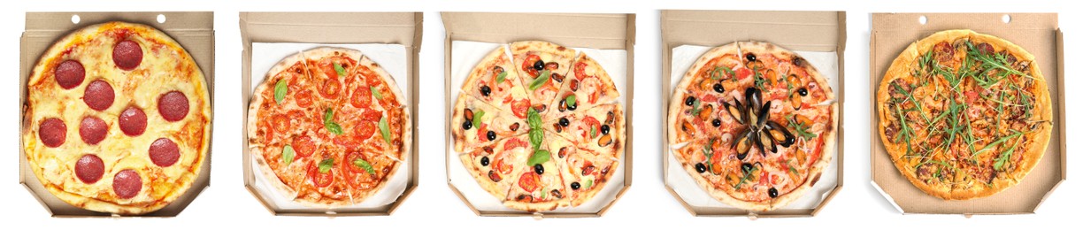 Image of Set with different delicious hot pizzas in cardboard boxes on white background, banner design. Food delivery