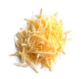 Heap of grated delicious cheese on white background