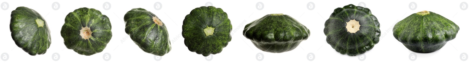 Image of Set with fresh ripe pattypan squashes on white background. Banner design