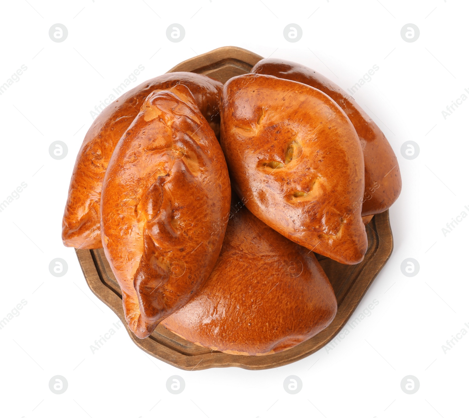 Photo of Wooden board with delicious baked patties on white background, top view