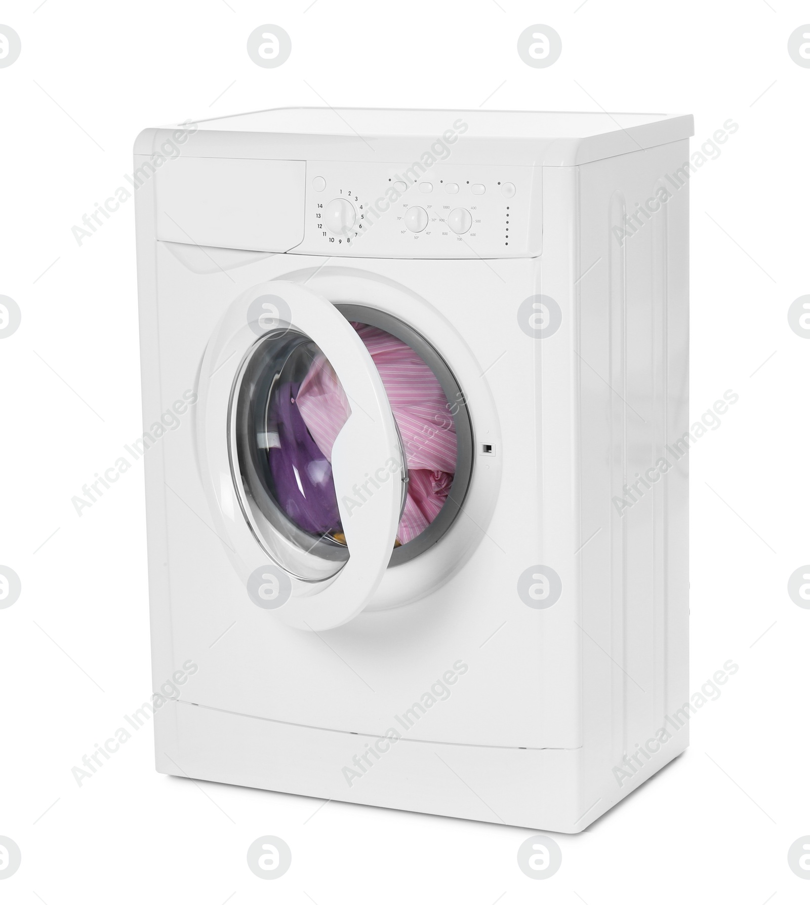 Photo of Modern washing machine with laundry isolated on white