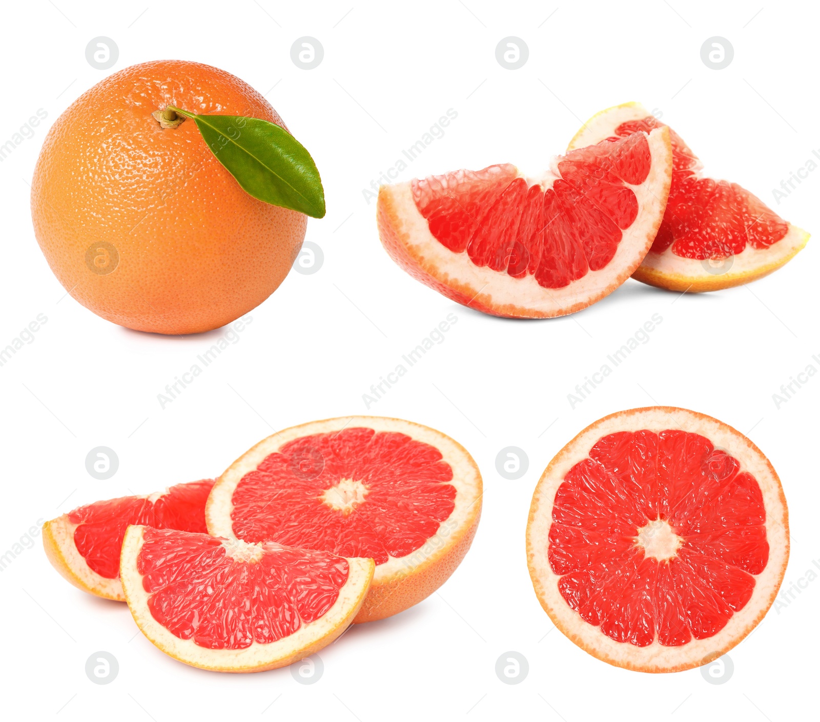 Image of Set with whole and cut ripe juicy grapefruits on white background