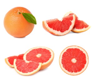 Image of Set with whole and cut ripe juicy grapefruits on white background