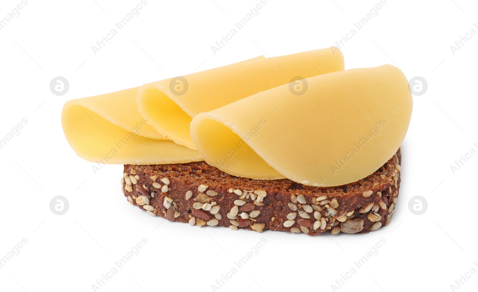 Photo of Tasty sandwich with slices of fresh cheese isolated on white