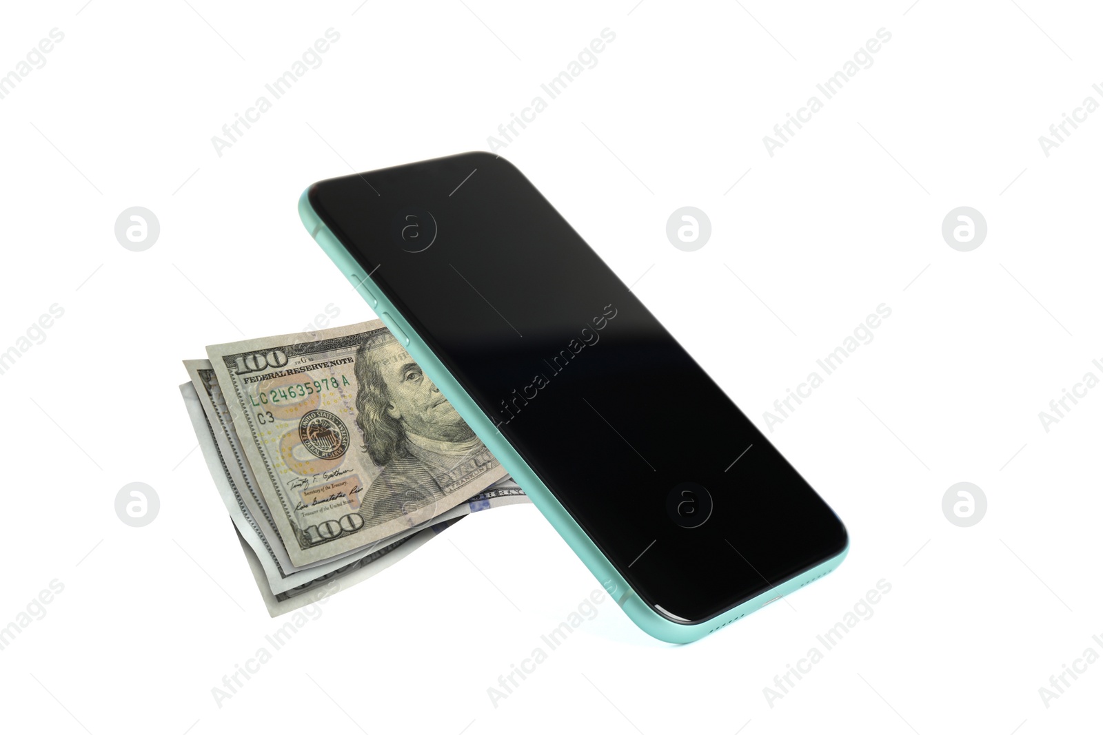 Image of Dollar banknotes and modern smartphone on white background