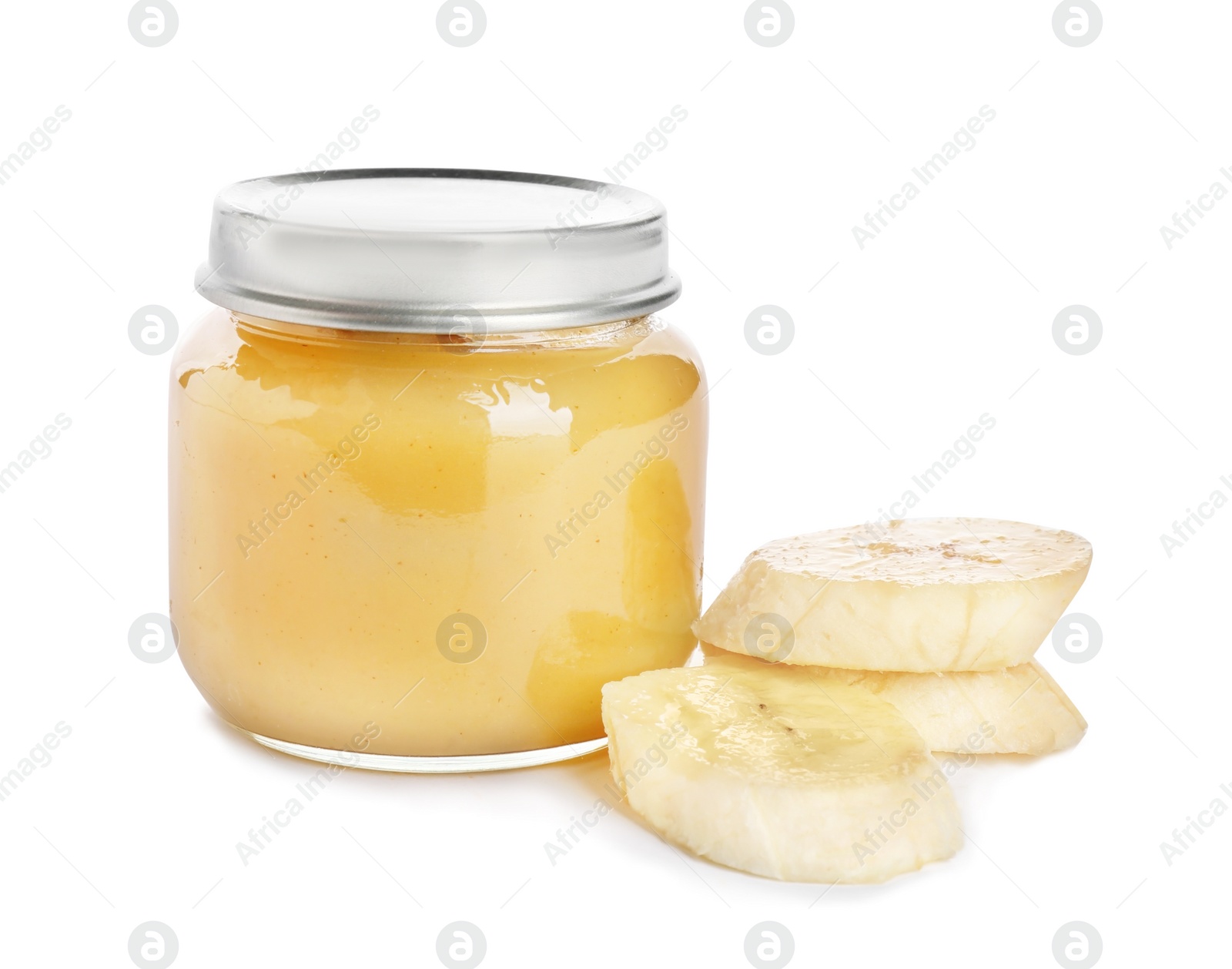 Photo of Jar with healthy baby food and cut banana on white background