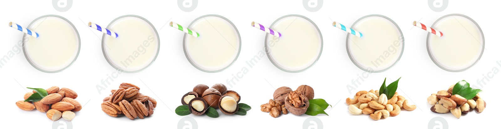 Image of Set with different types of vegan milk and nuts on white background, top view. Banner design