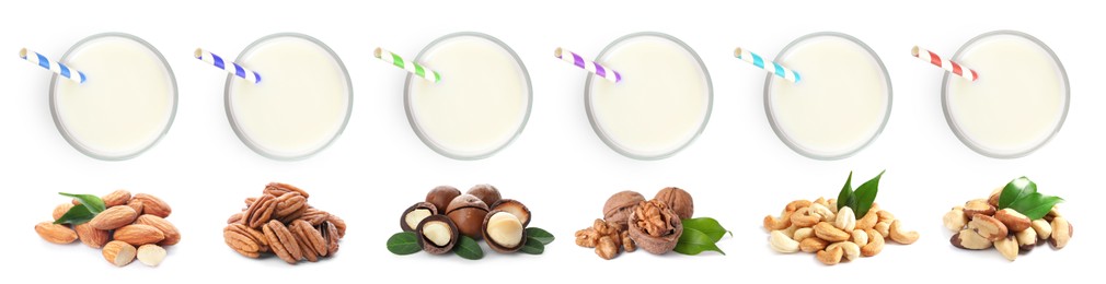 Image of Set with different types of vegan milk and nuts on white background, top view. Banner design