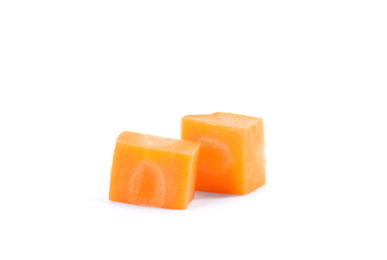Photo of Pieces of fresh ripe carrot isolated on white