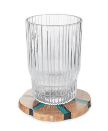 Photo of Stylish wooden cup coaster and glass on white background