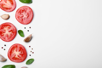 Composition with fresh green basil leaves on white background, top view