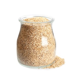 Glass jar with quinoa on white background