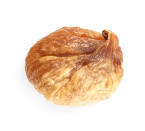 Photo of Delicious dried fig on white background, top view. Organic snack