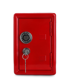 Photo of Red steel safe with keys isolated on white