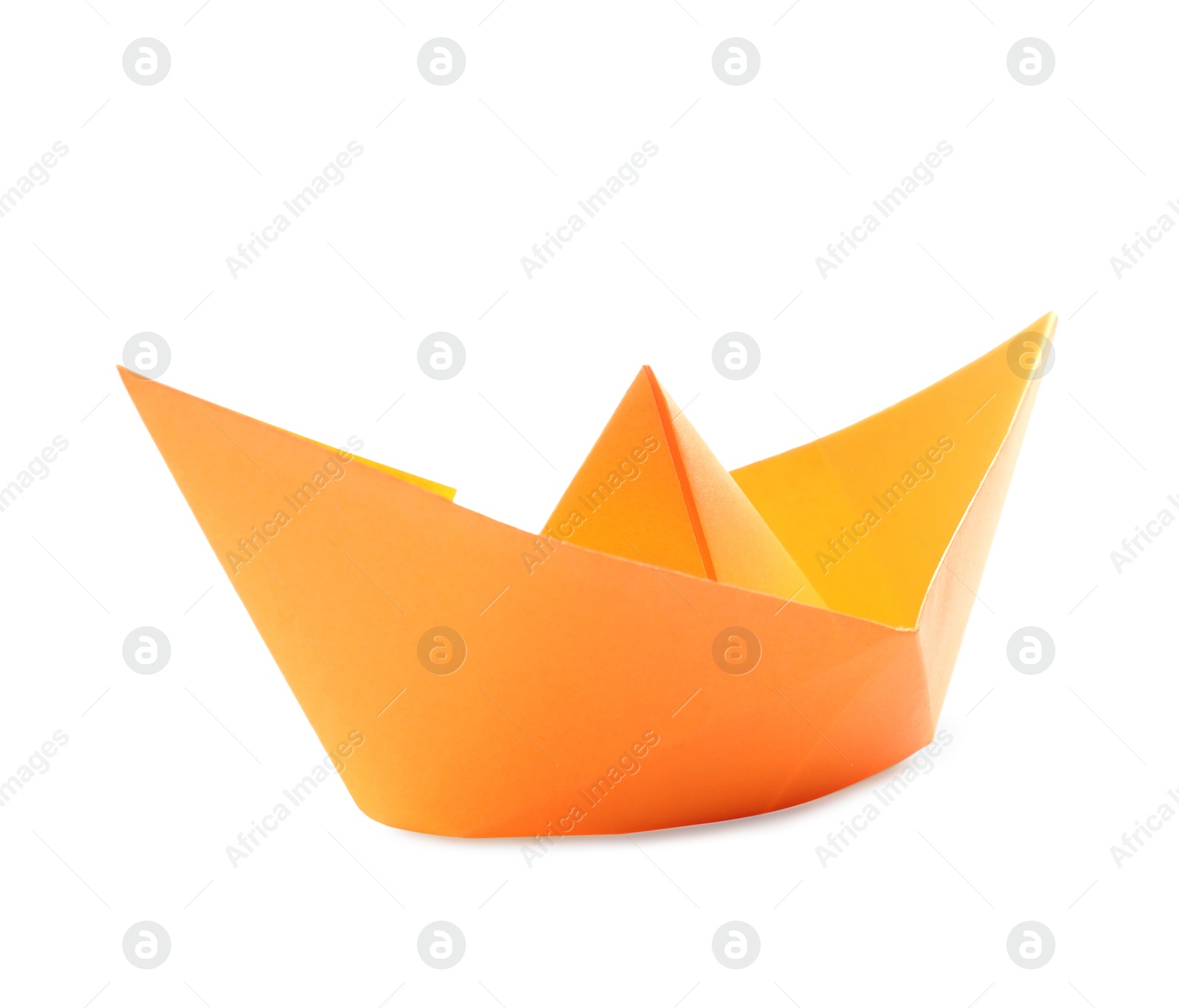 Photo of Handmade orange paper boat isolated on white. Origami art