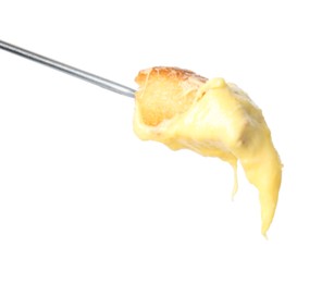 Tasty fondue. Fork with piece of bread and melted cheese isolated on white