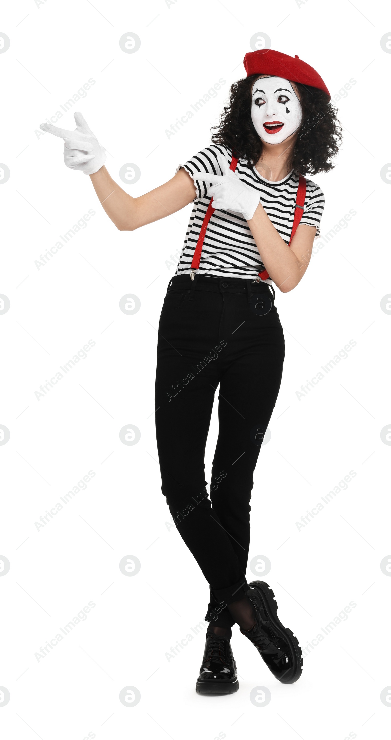 Photo of Funny mime with beret posing on white background