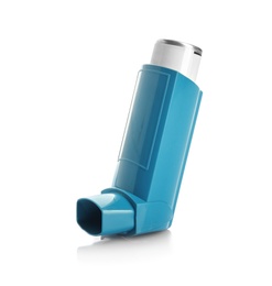 Portable asthma inhaler device on white background