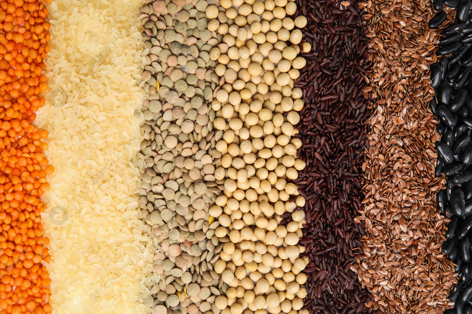 Photo of Various raw veggie seeds as background, top view