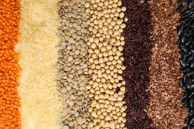 Various raw veggie seeds as background, top view