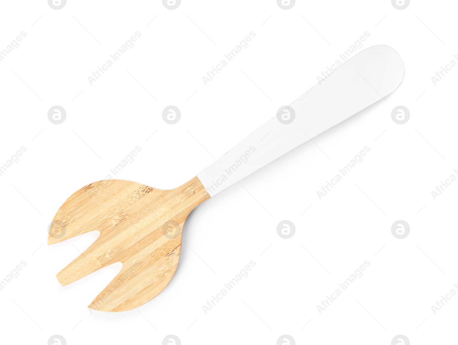 Photo of Kitchen utensil made of bamboo on white background, top view